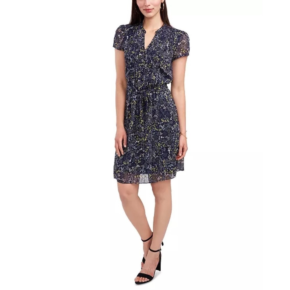 MSK Petite Pin-Tucked Floral-Chiffon Shirtdress
